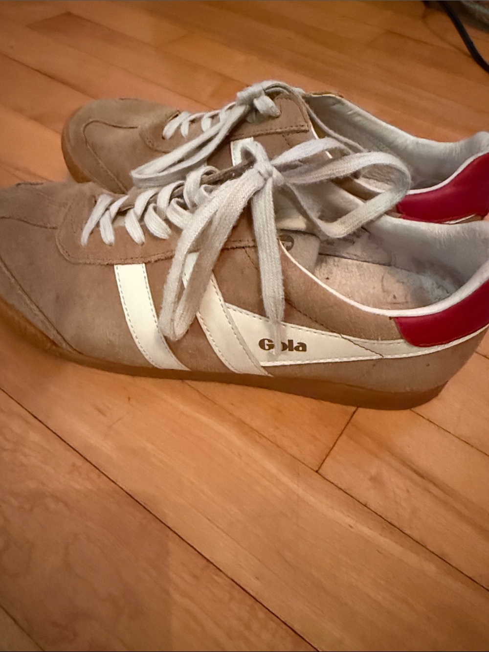 Gola Beige Suede Sneakers with White Stripes and Red Heel Tab - Picture 2 of 2